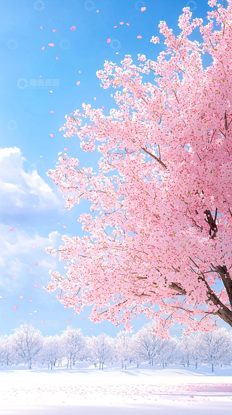 高清大图下载【趣麦麦图】粉色樱花飘落雪景