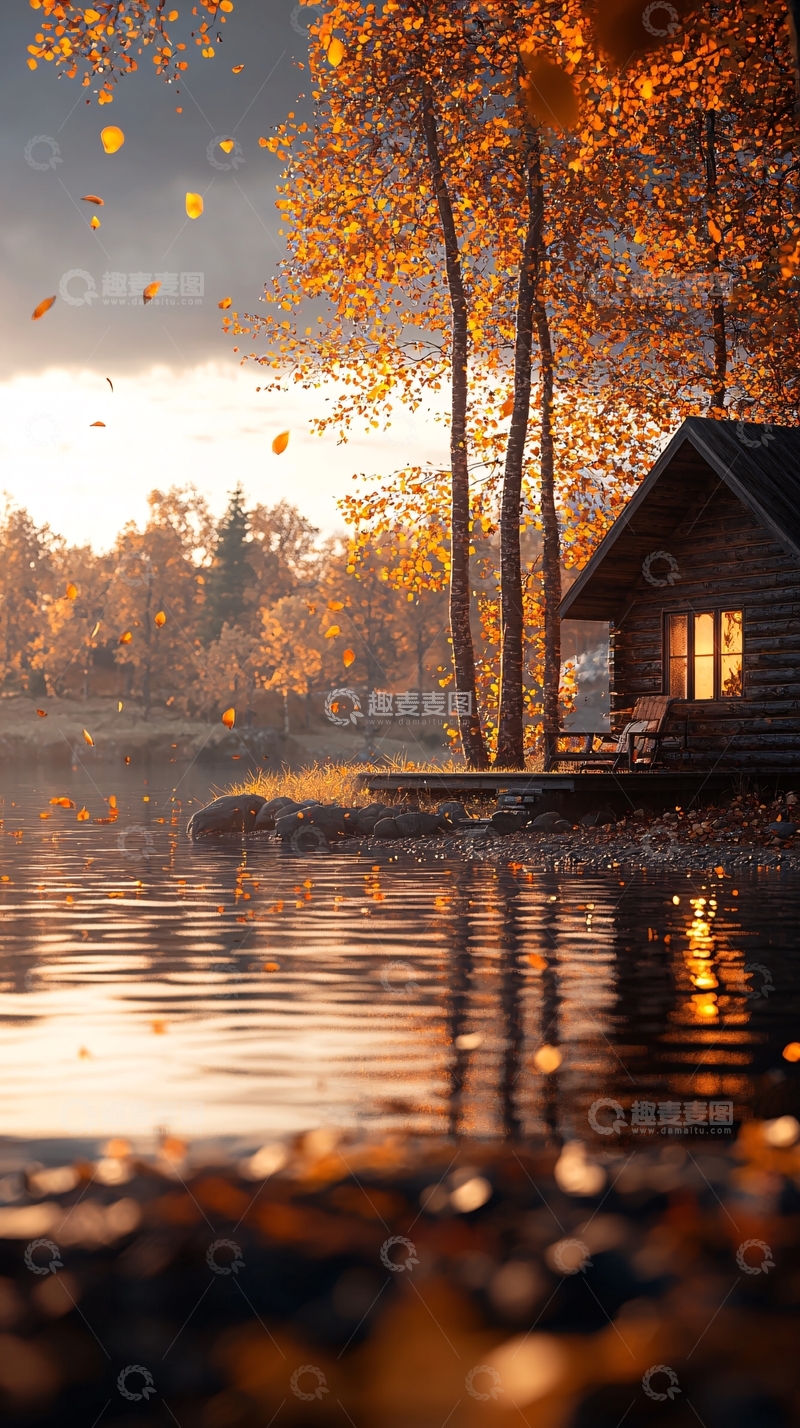 高清大图下载【趣麦麦图】秋日湖畔木屋风景