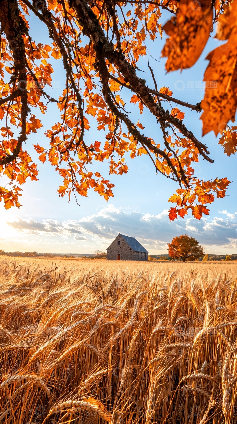 高清大图下载【趣麦麦图】秋日麦田与小屋