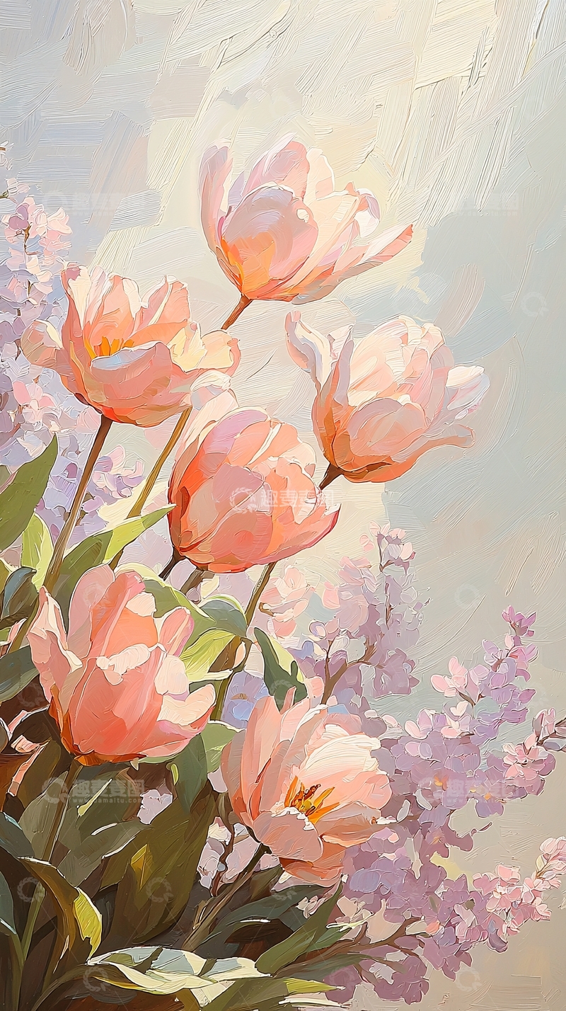 高清大图下载【趣麦麦图】粉红色郁金香与紫色花朵的艺术画