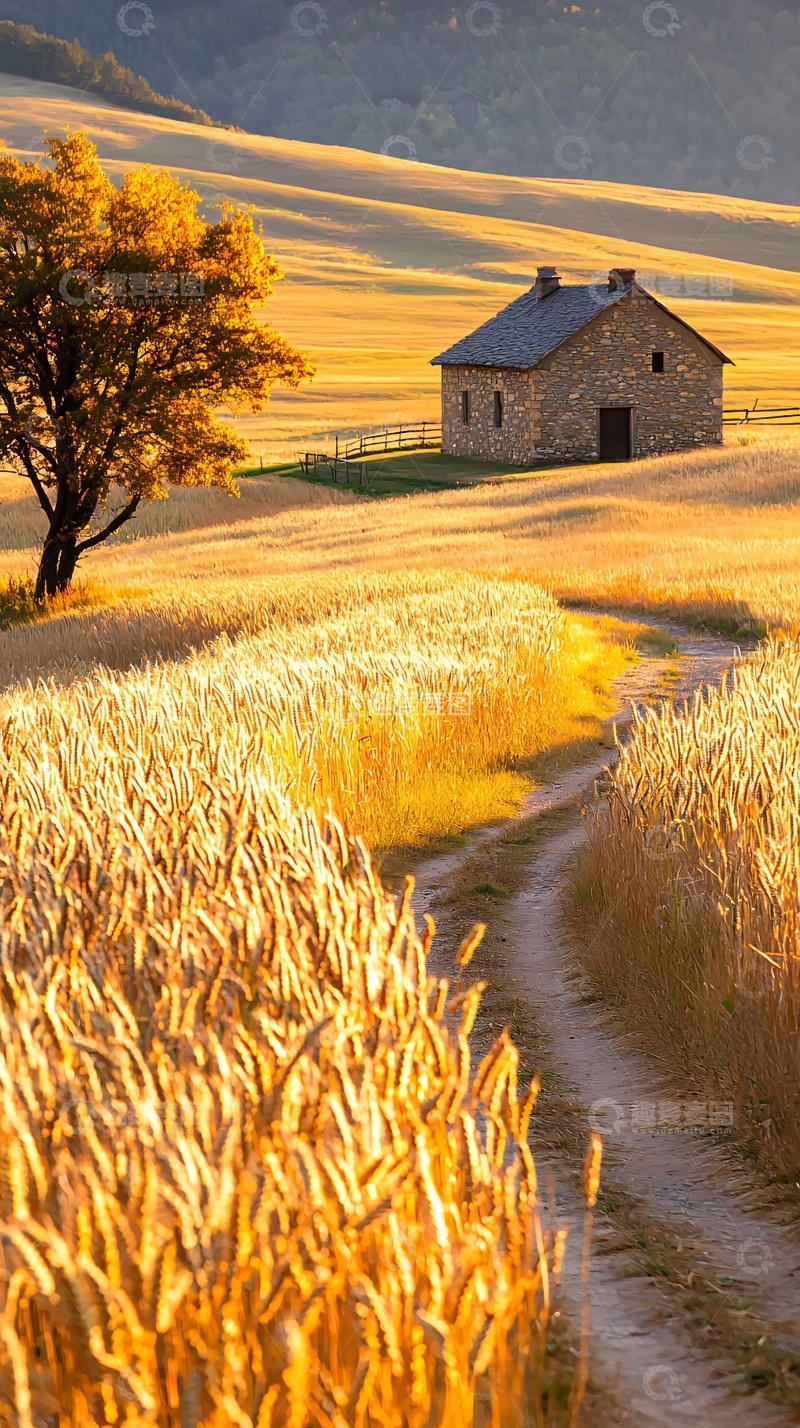高清大图下载【趣麦麦图】金色麦田中的石屋