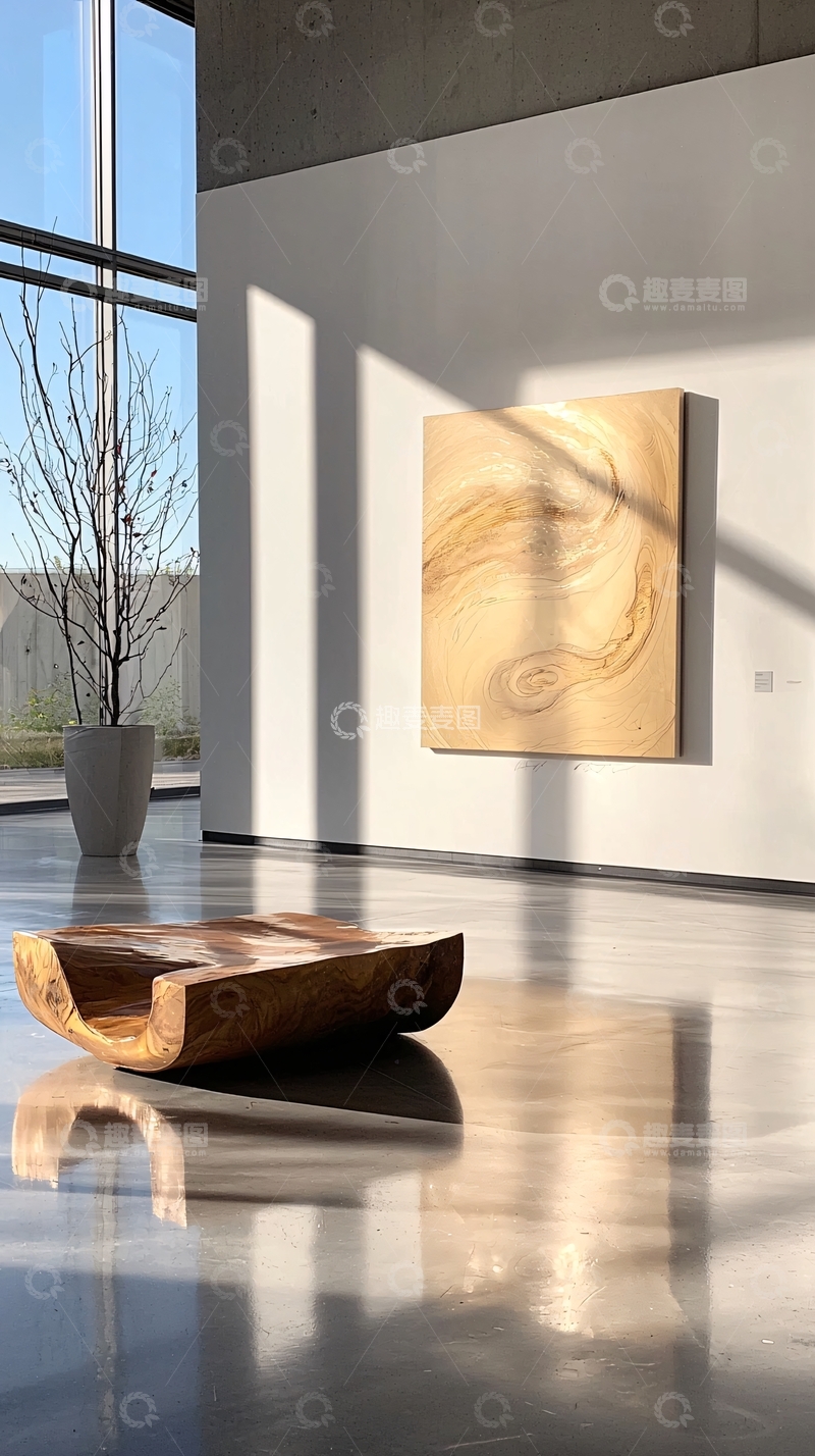 高清大图下载【趣麦麦图】现代艺术馆内的抽象画与木制雕塑