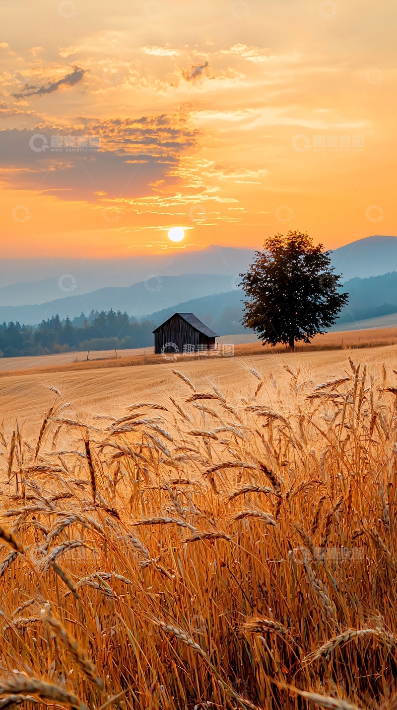 高清大图下载【趣麦麦图】夕阳下的麦田与小屋