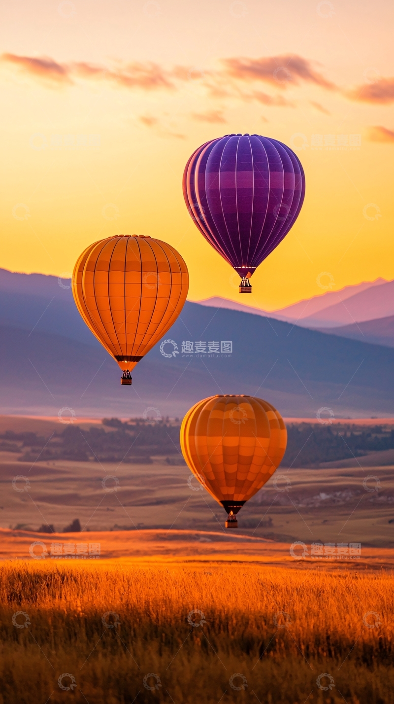高清大图下载【趣麦麦图】热气球日落山景