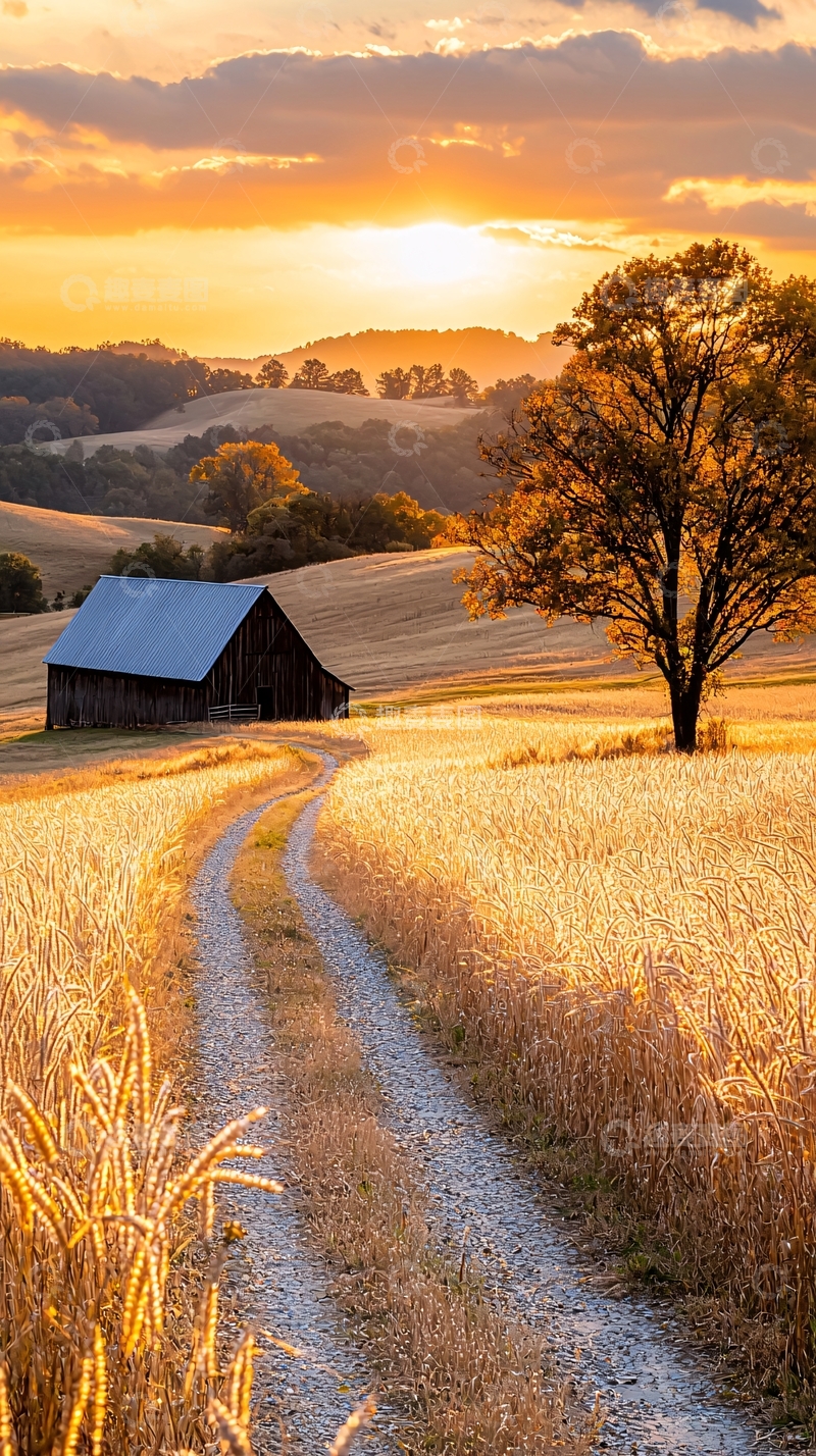 高清大图下载【趣麦麦图】秋日田野小路与老谷仓
