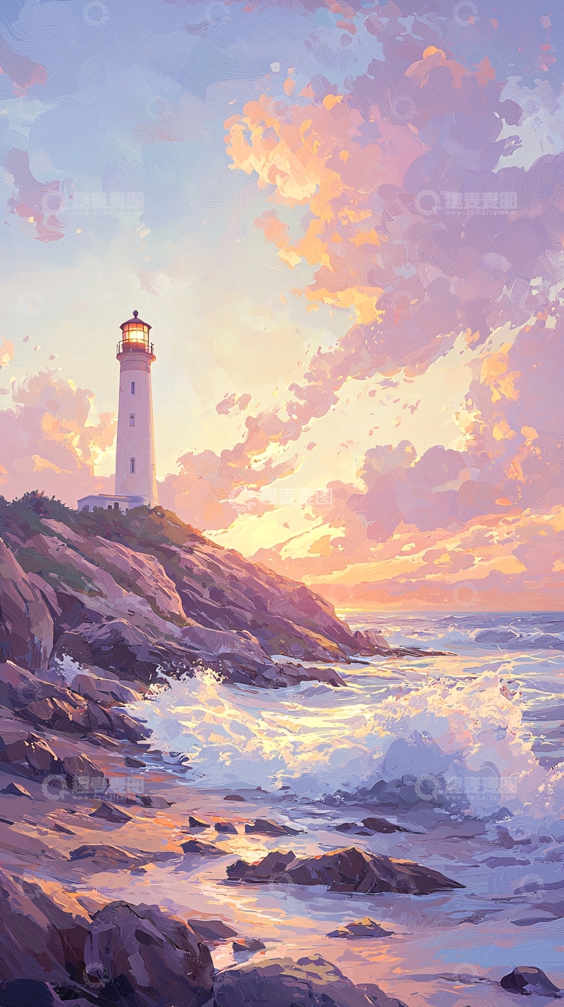 高清大图下载【趣麦麦图】灯塔海岸日落风景