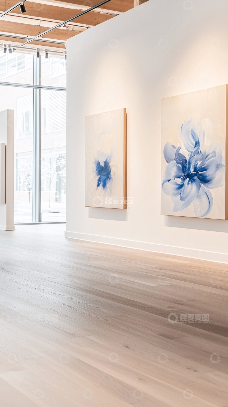 高清大图下载【趣麦麦图】现代艺术画廊中的蓝色花卉画