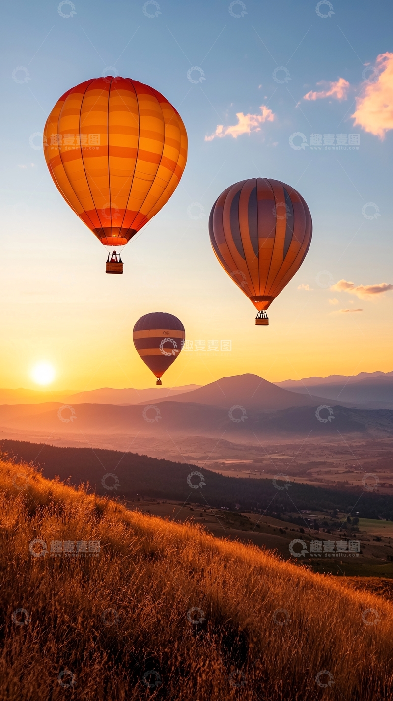 高清大图下载【趣麦麦图】热气球日落山景