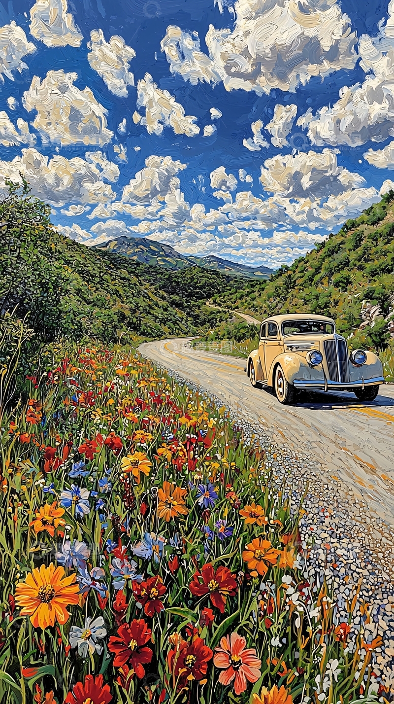 高清大图下载【趣麦麦图】山间野花与老车
