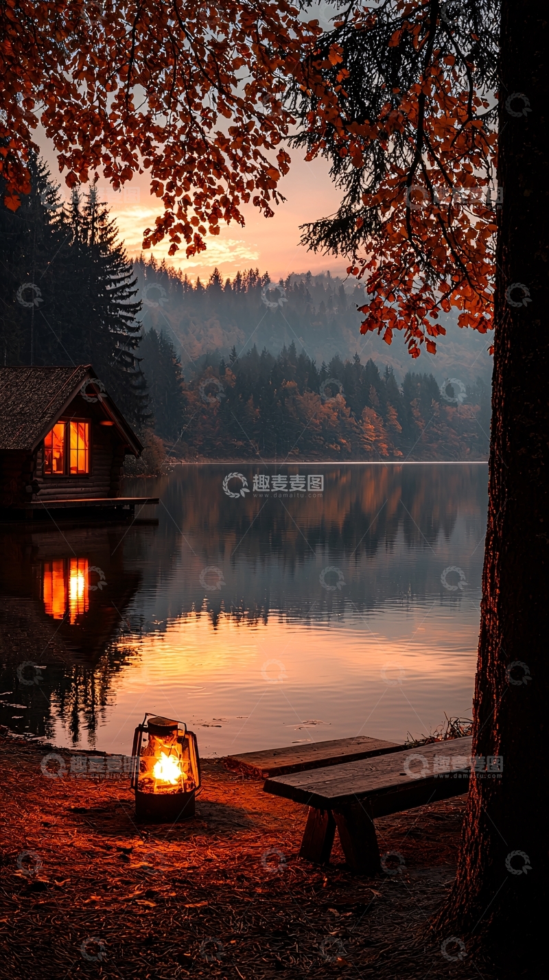 高清大图下载【趣麦麦图】秋日湖畔小屋与灯笼