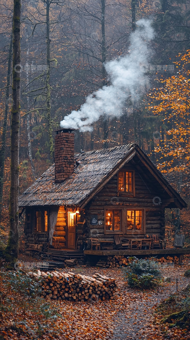 高清大图下载【趣麦麦图】秋日森林中的温暖小屋