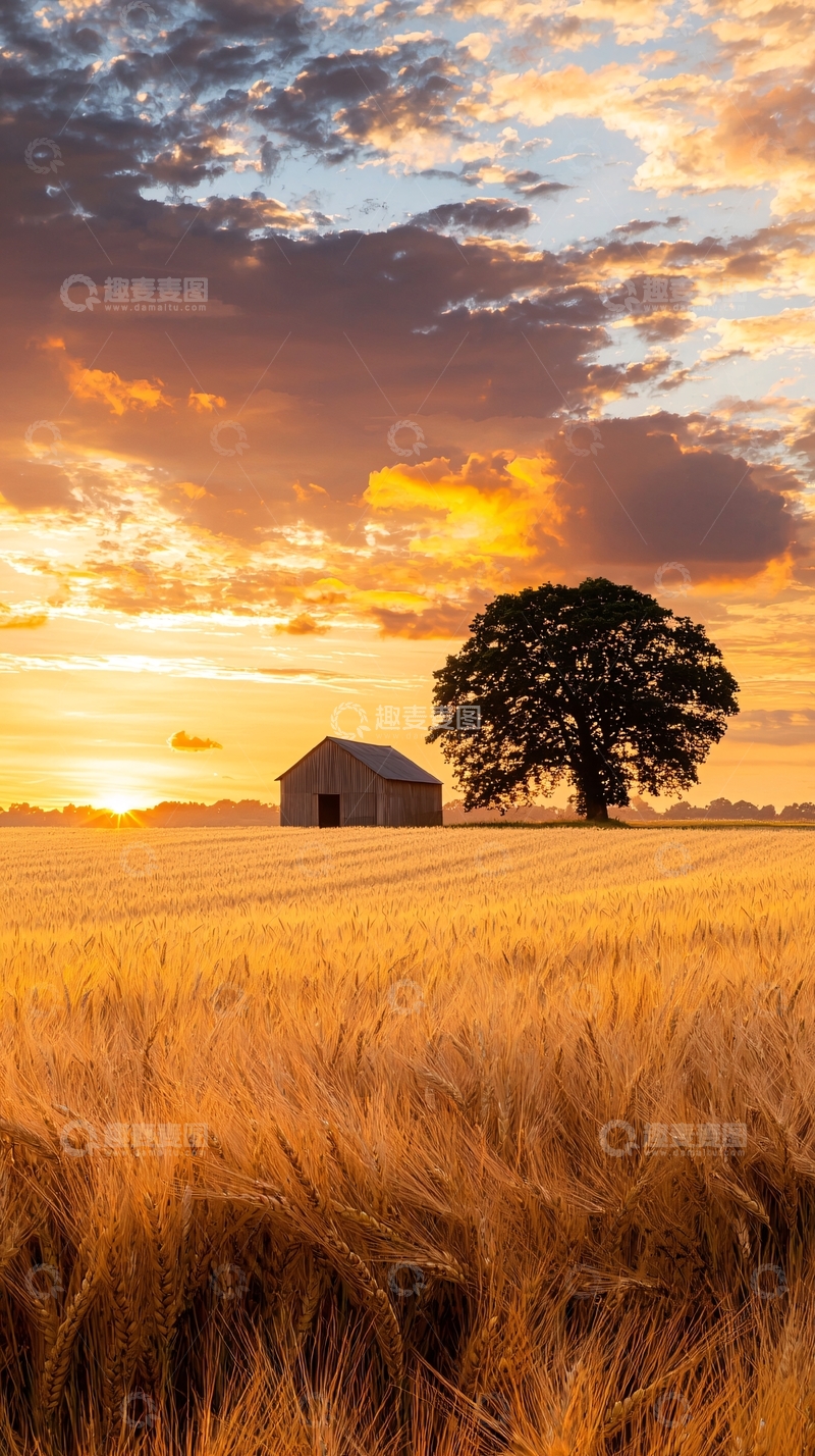 高清大图下载【趣麦麦图】夕阳下的麦田与老屋