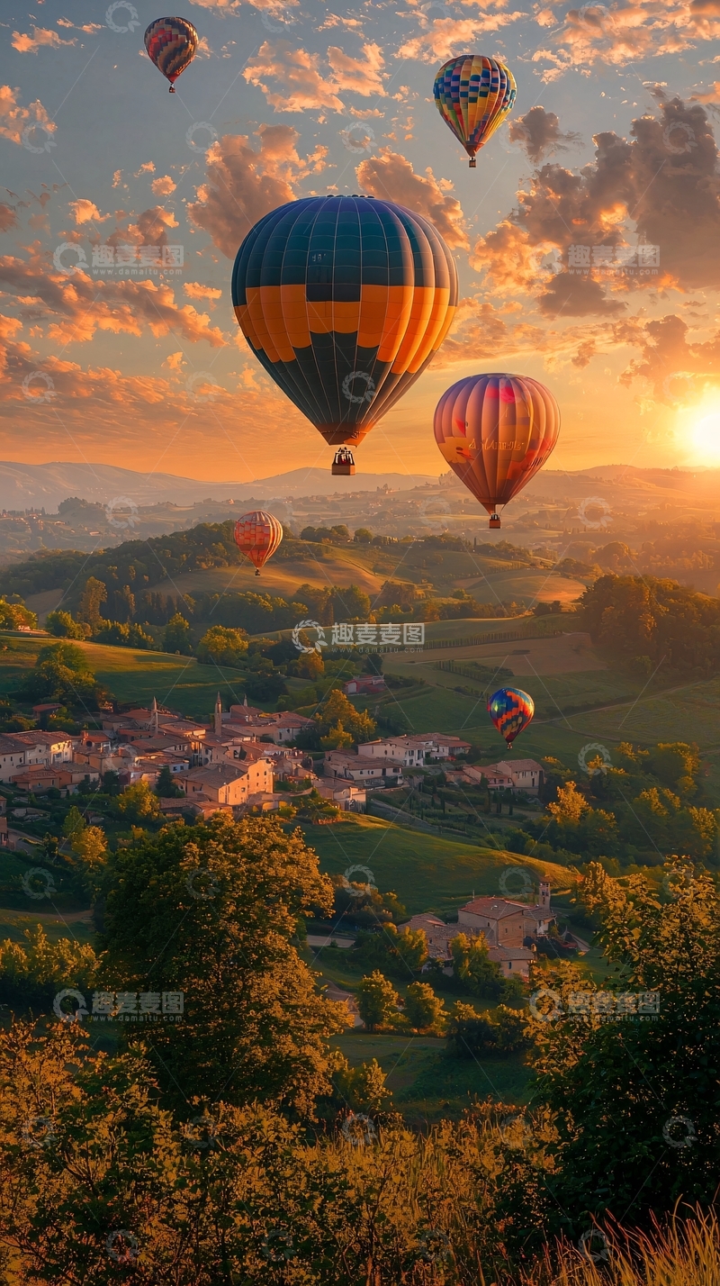 高清大图下载【趣麦麦图】热气球日落乡村风景
