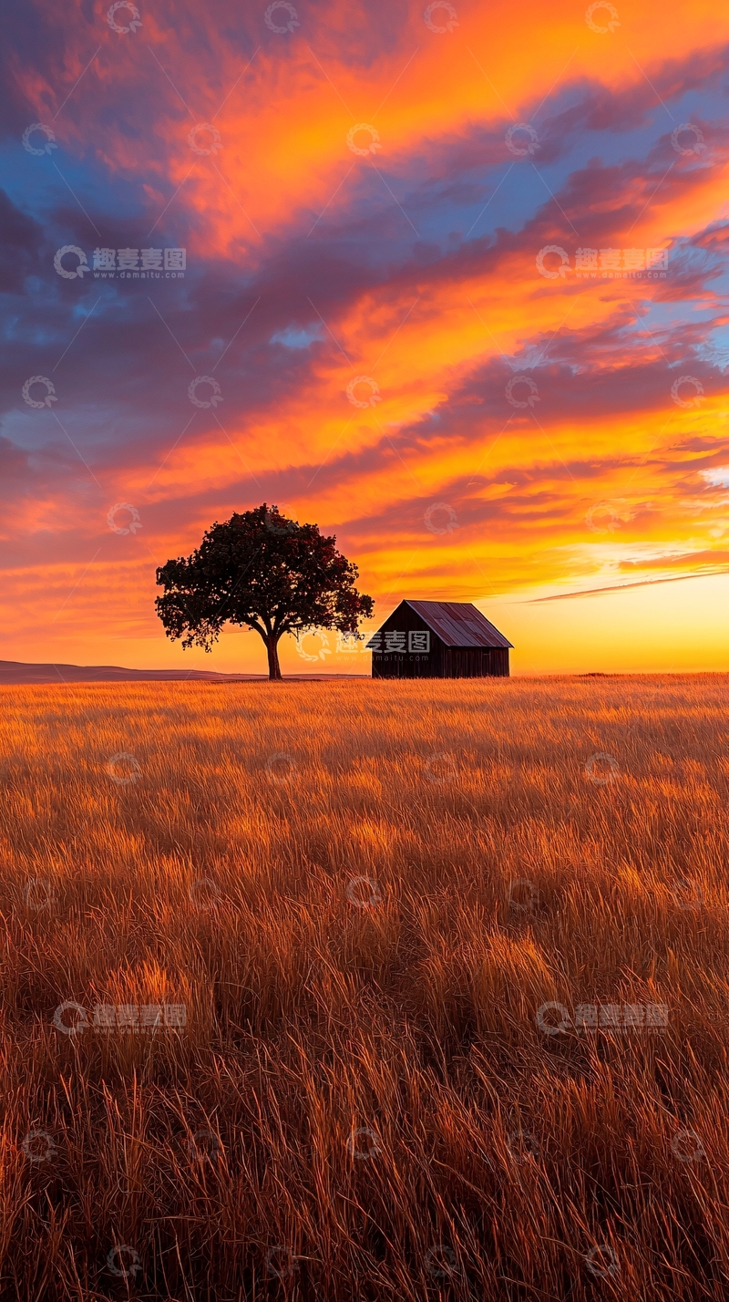 高清大图下载【趣麦麦图】夕阳下的麦田与小屋