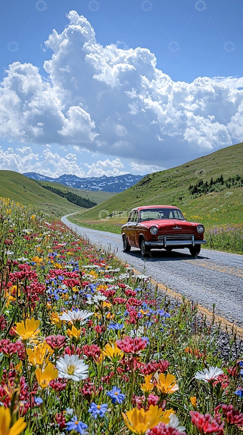 高清大图下载【趣麦麦图】山间花海中的红色复古车