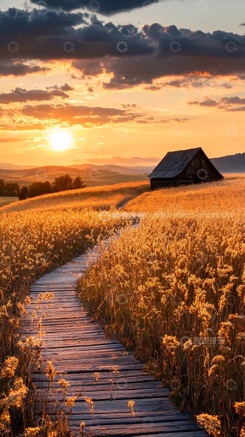 高清大图下载【趣麦麦图】夕阳下的木板路与小屋