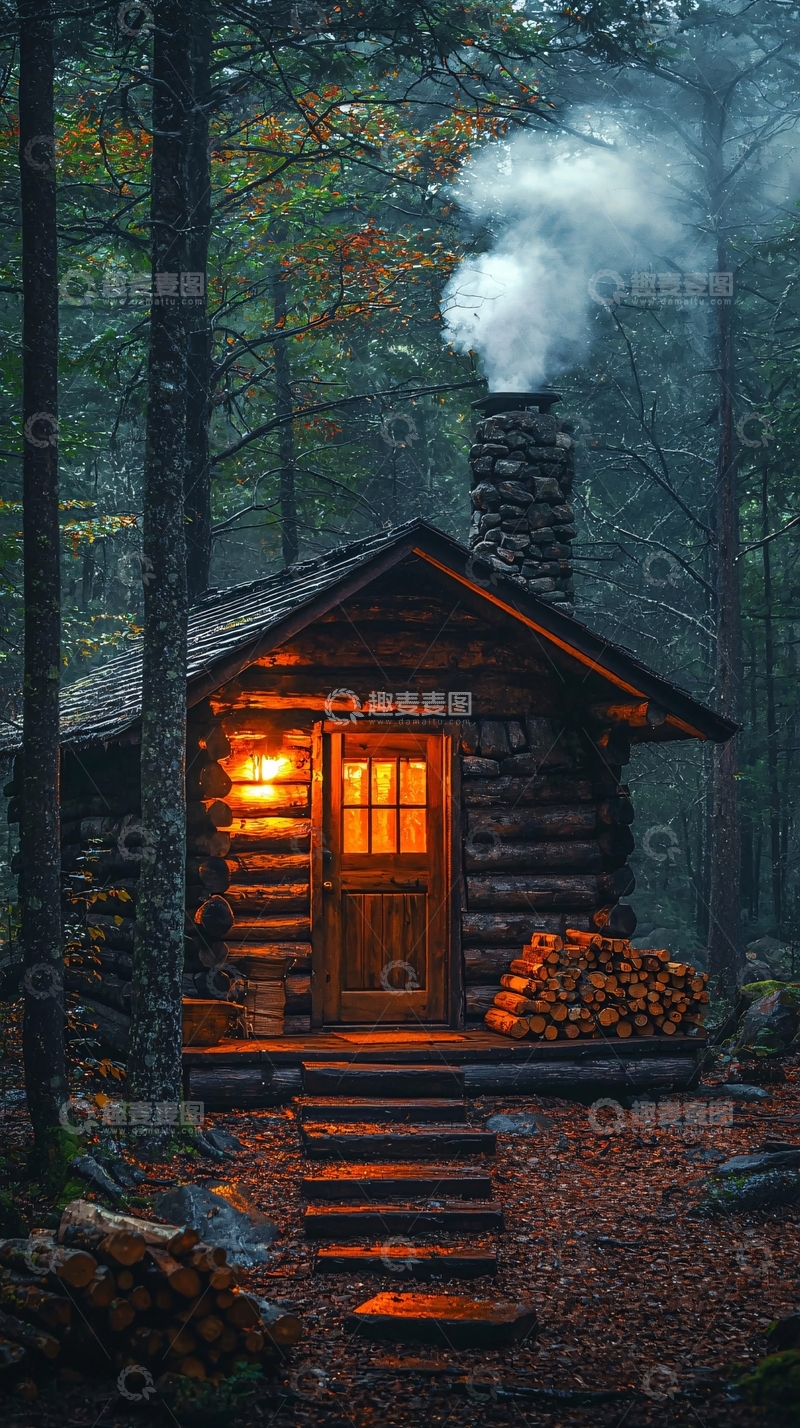 高清大图下载【趣麦麦图】森林中的温暖小屋