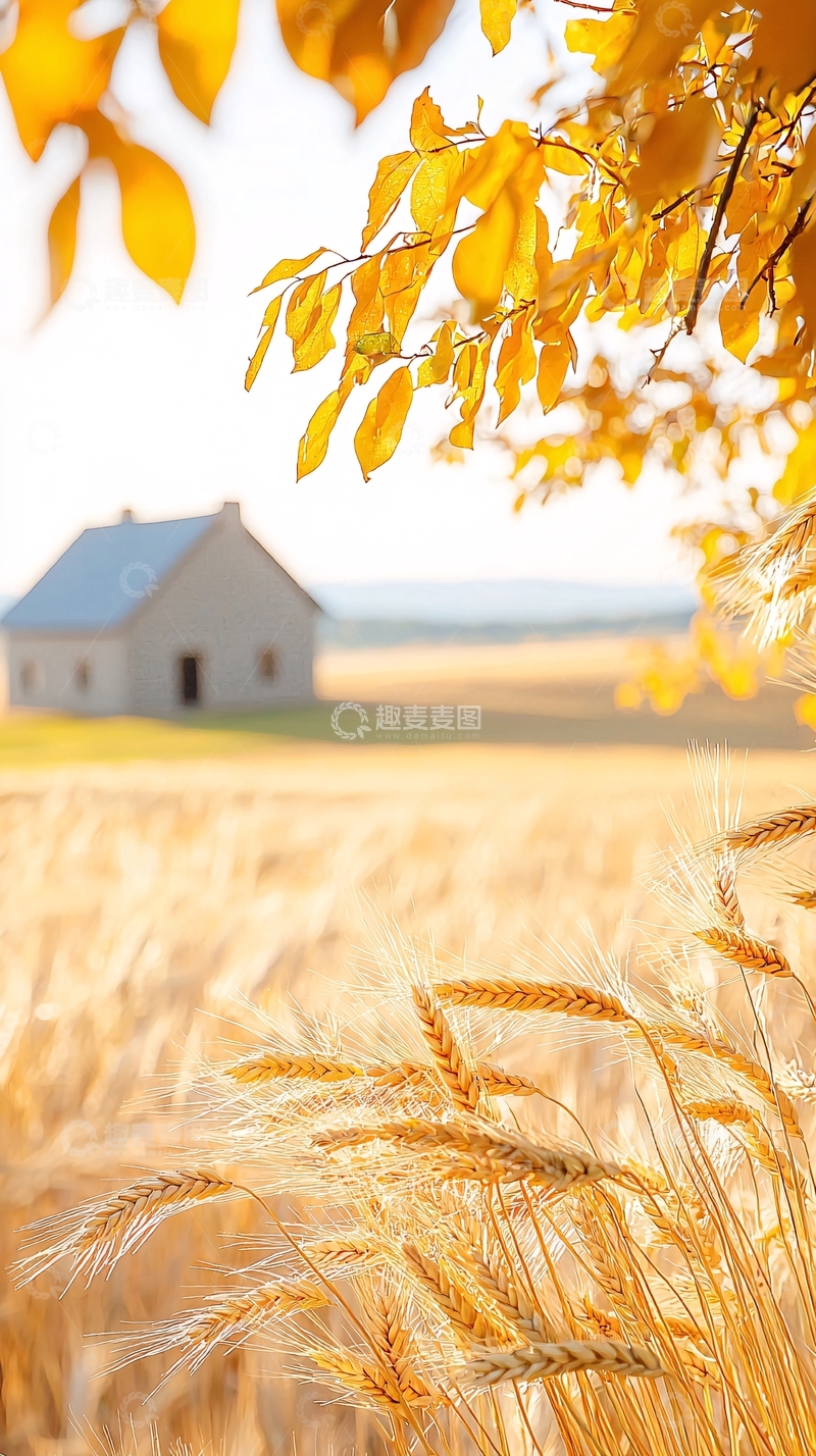 高清大图下载【趣麦麦图】秋日麦田与小屋