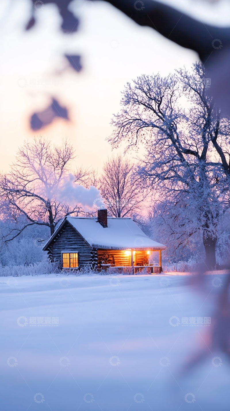 高清大图下载【趣麦麦图】冬日雪景中的小木屋