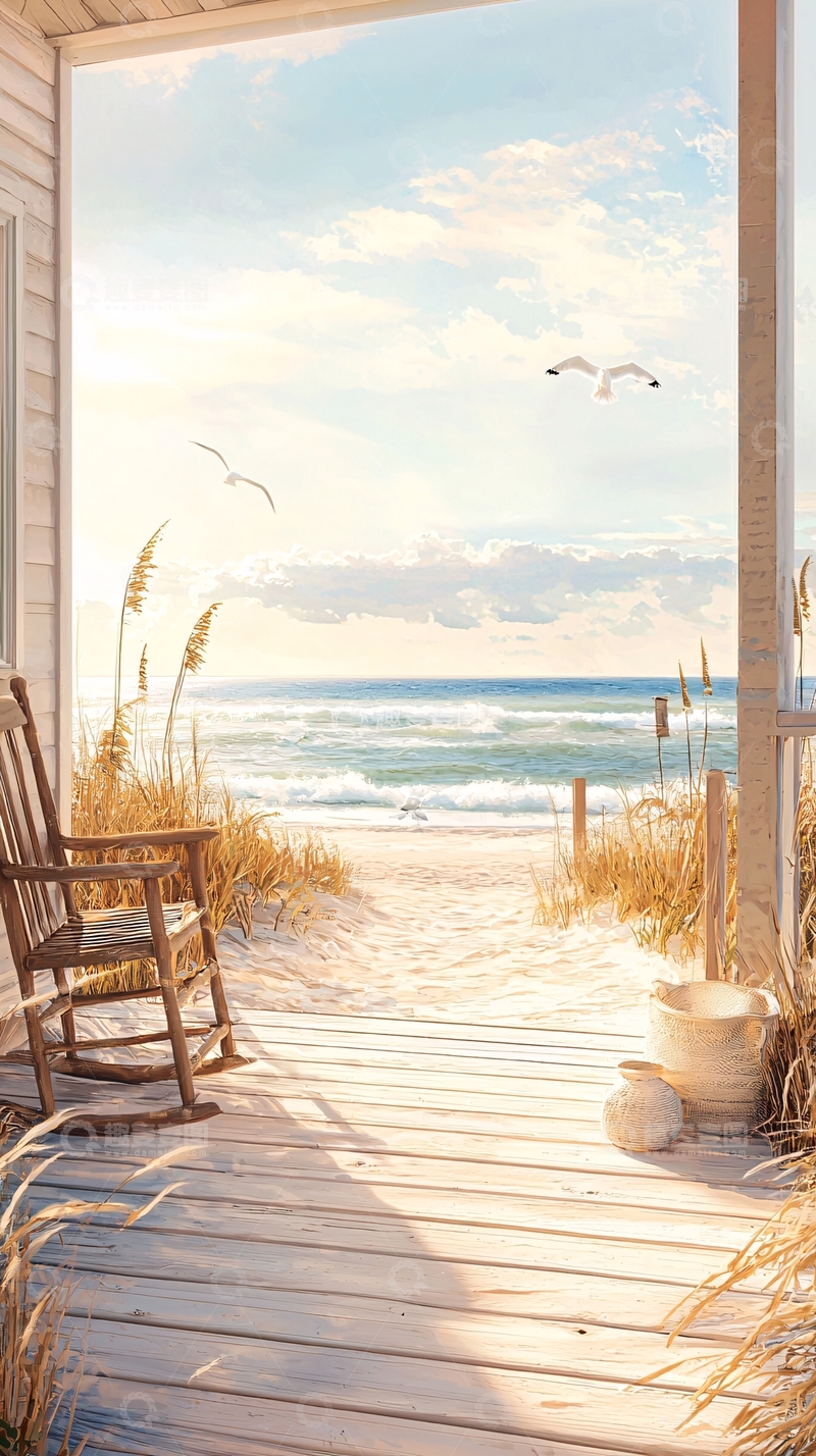 高清大图下载【趣麦麦图】海滩上的木屋与海鸥