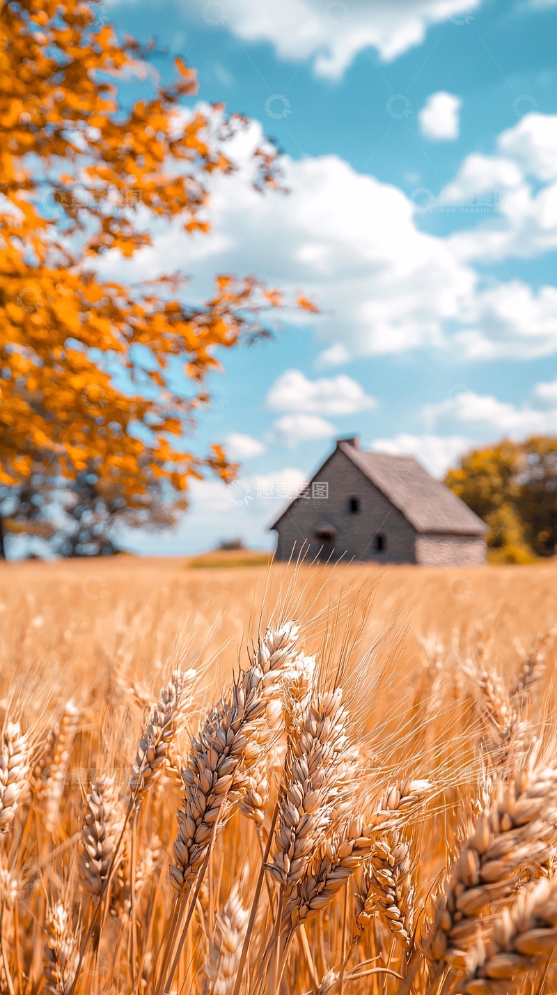 高清大图下载【趣麦麦图】秋日麦田与老屋
