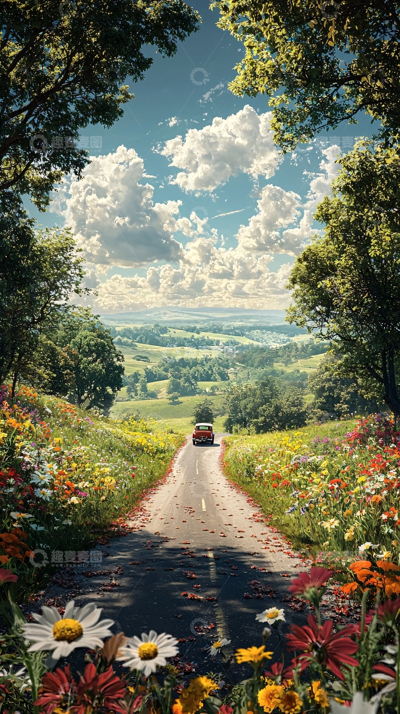 高清大图下载【趣麦麦图】乡村公路与野花盛开的美丽风景