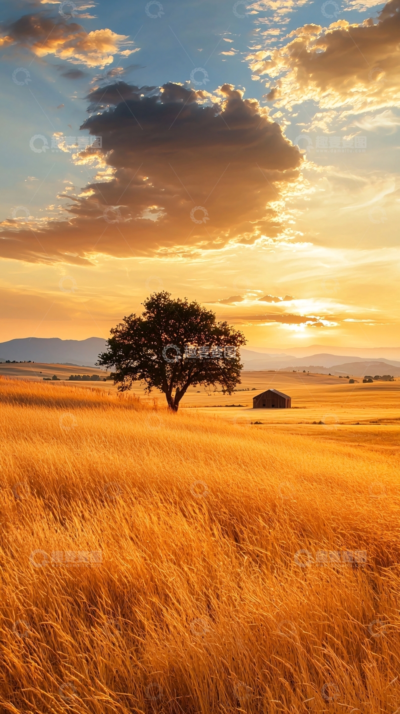 高清大图下载【趣麦麦图】秋日田野上的孤树