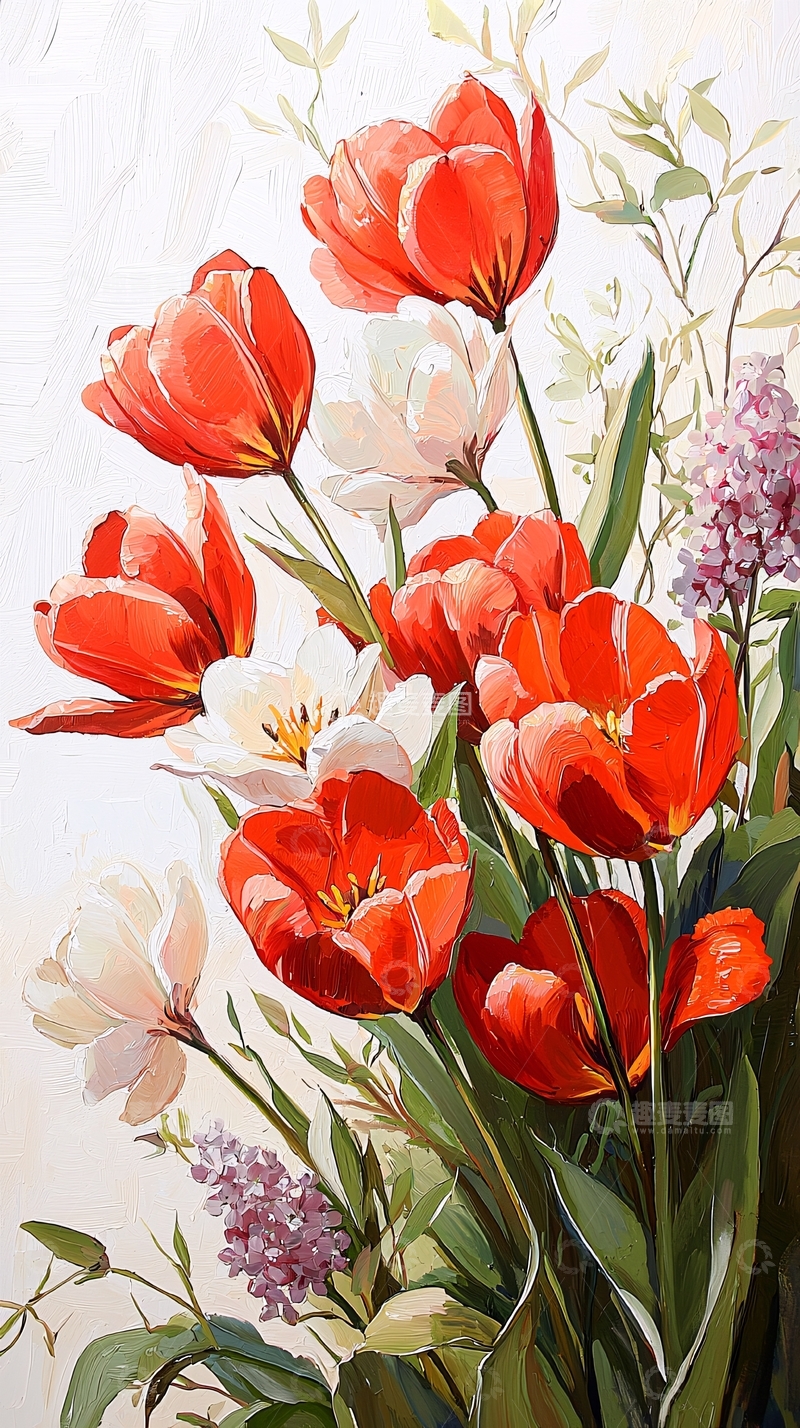 高清大图下载【趣麦麦图】红色郁金香与紫色丁香花束