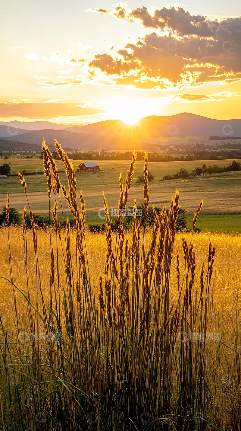 高清大图下载【趣麦麦图】夕阳下的田野与小屋