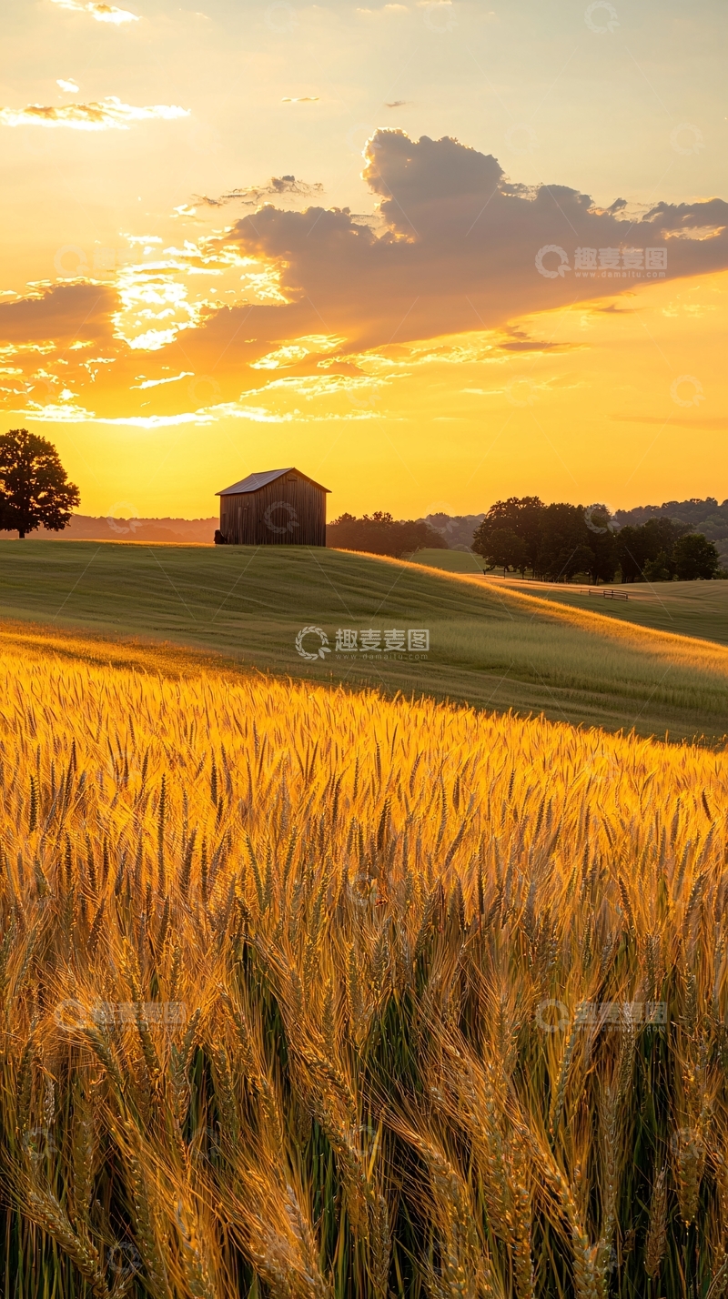 高清大图下载【趣麦麦图】夕阳下的麦田与小屋