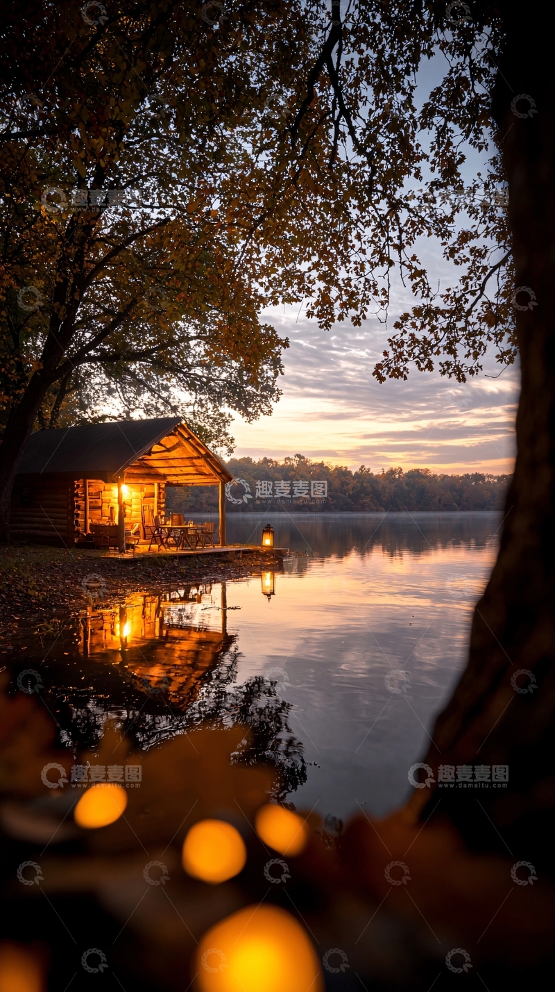 高清大图下载【趣麦麦图】湖边小屋秋日黄昏