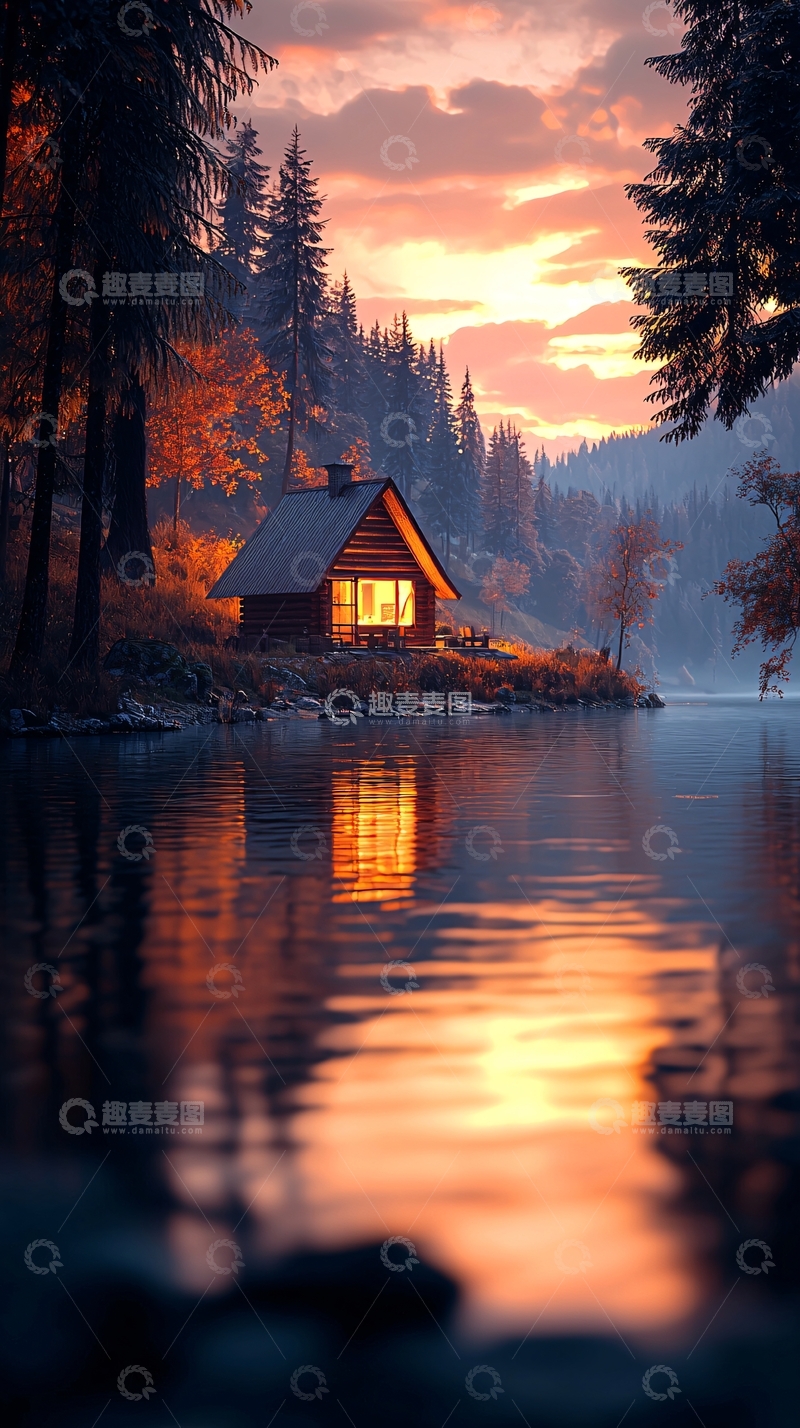 高清大图下载【趣麦麦图】秋日湖畔小屋