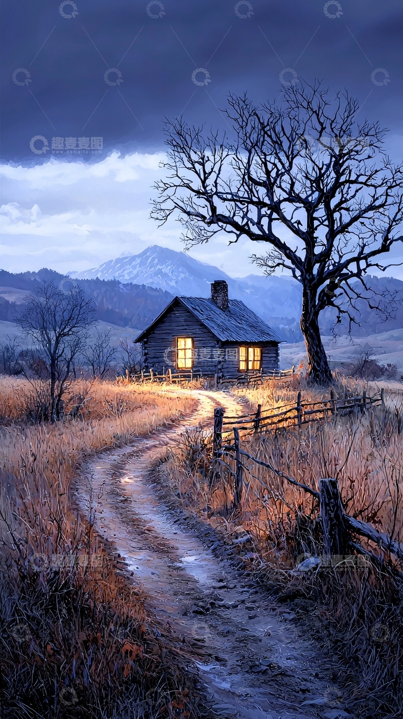 高清大图下载【趣麦麦图】冬夜小屋与枯树