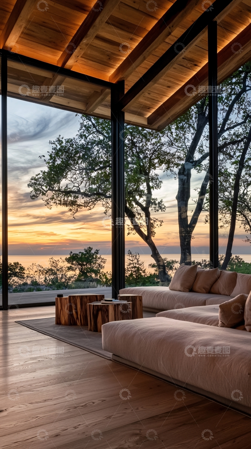 高清大图下载【趣麦麦图】现代客厅海景日落