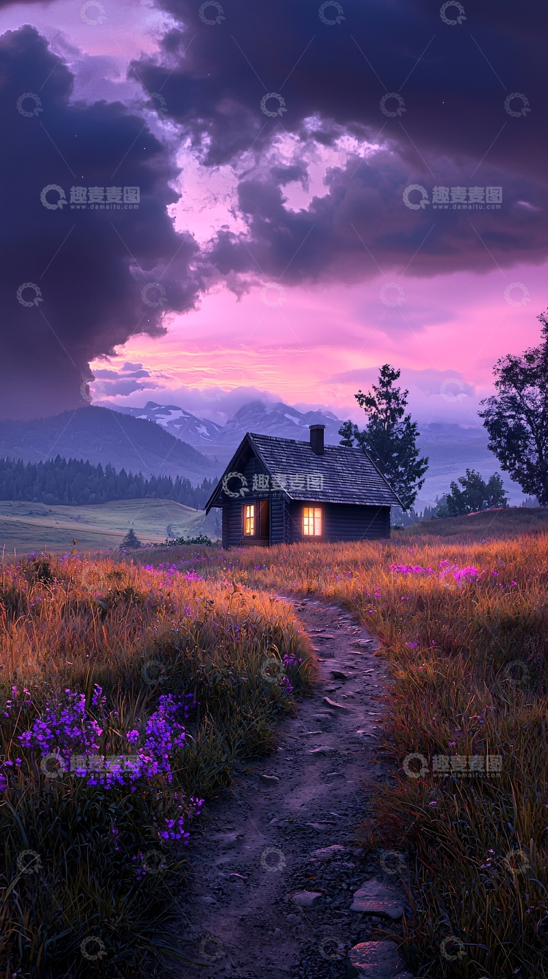 高清大图下载【趣麦麦图】山间小屋与梦幻夕阳