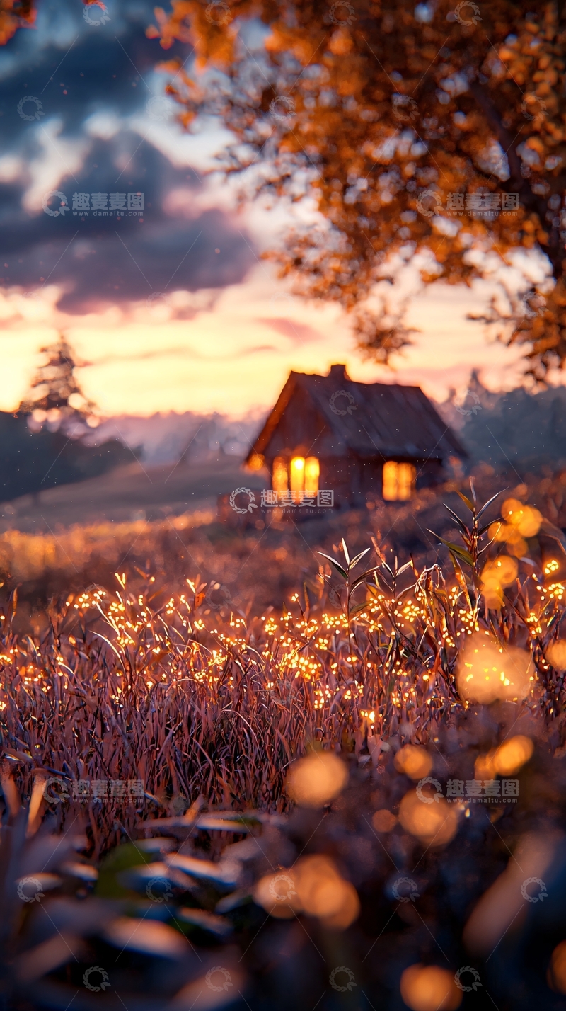 高清大图下载【趣麦麦图】秋日黄昏小屋风景
