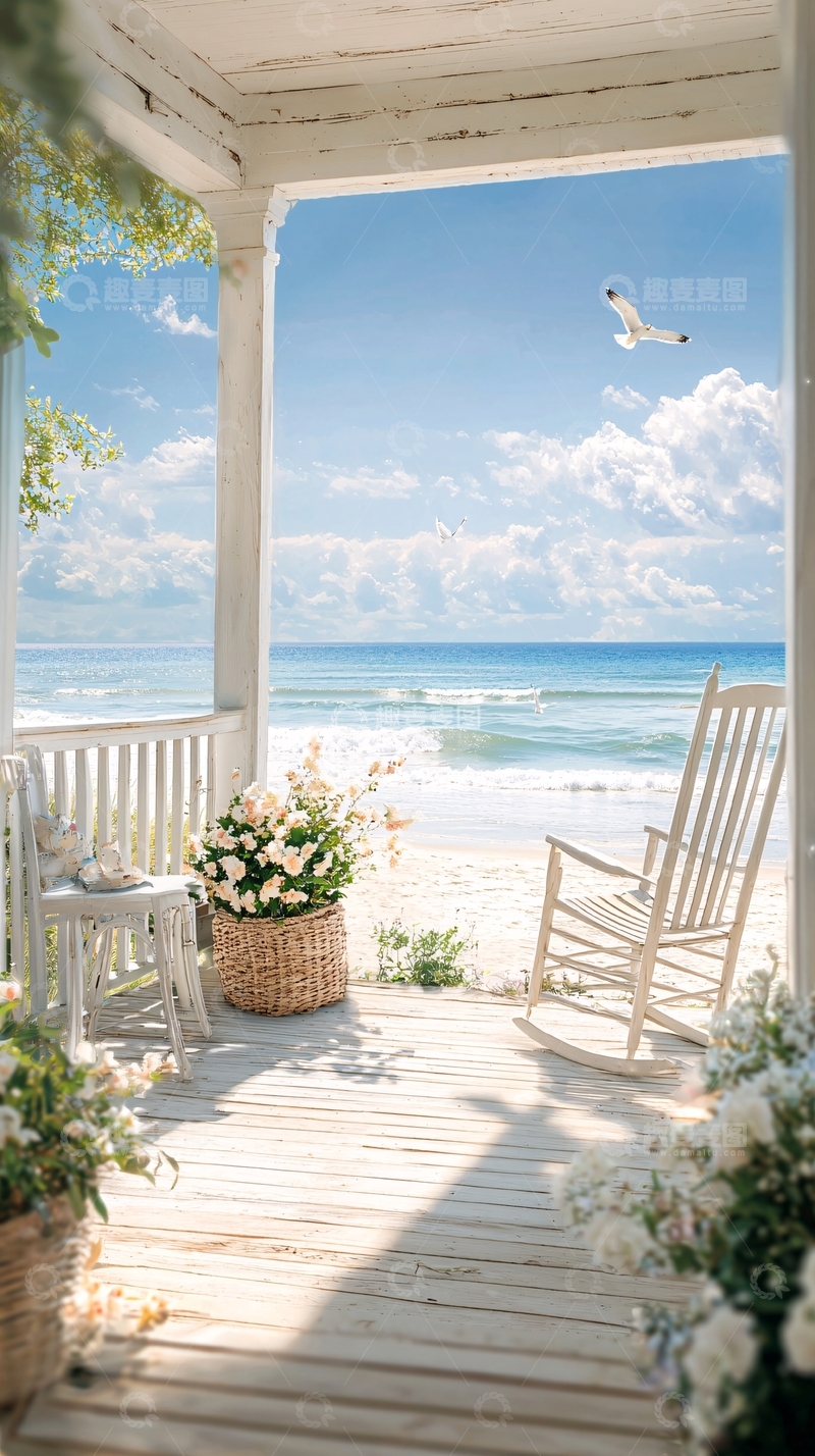 高清大图下载【趣麦麦图】海滩上的白色木屋与摇椅