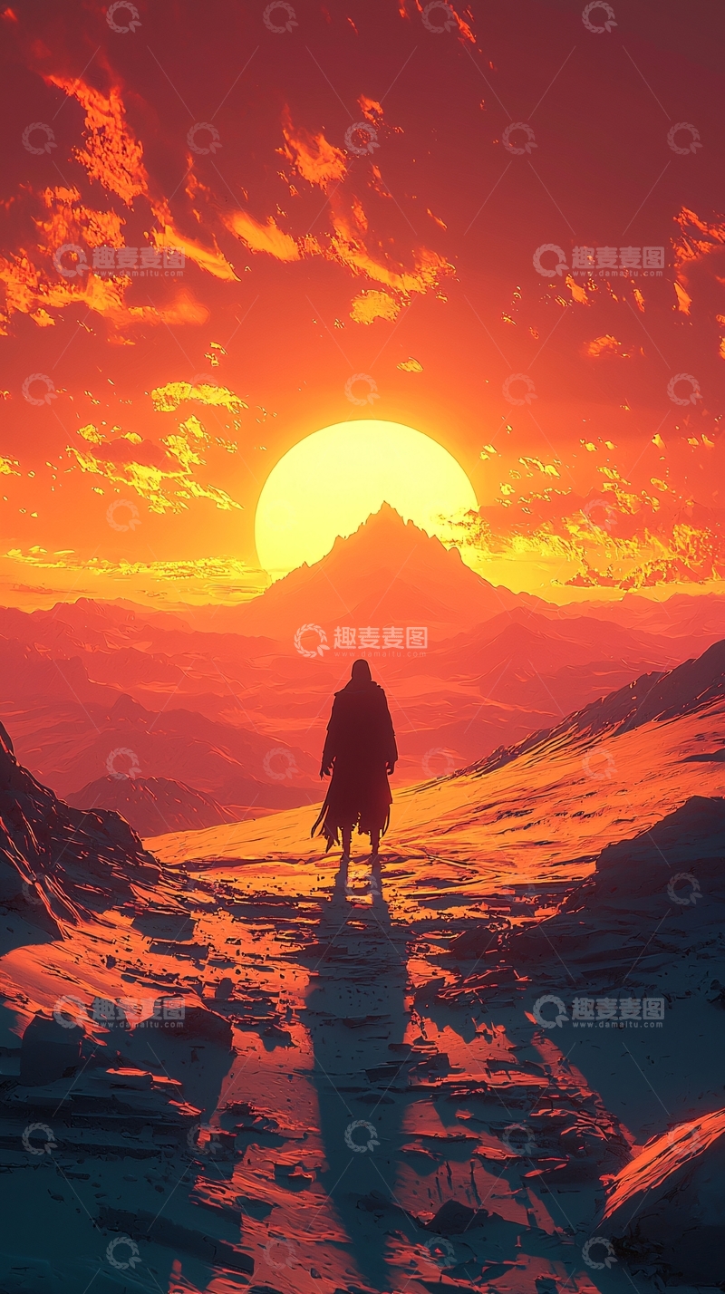 高清大图下载【趣麦麦图】夕阳下的孤独旅者