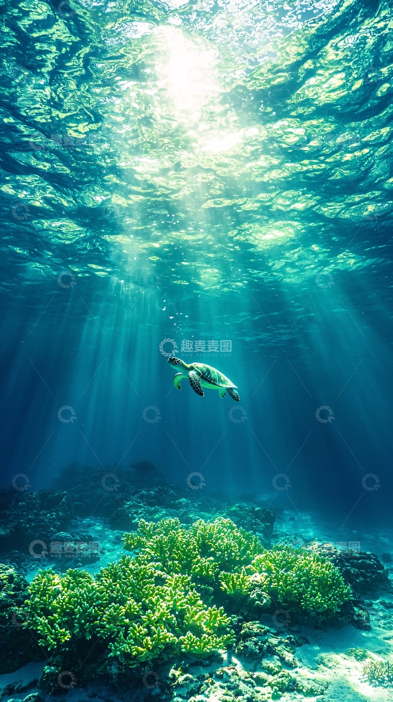高清大图下载【趣麦麦图】海底阳光下的海龟