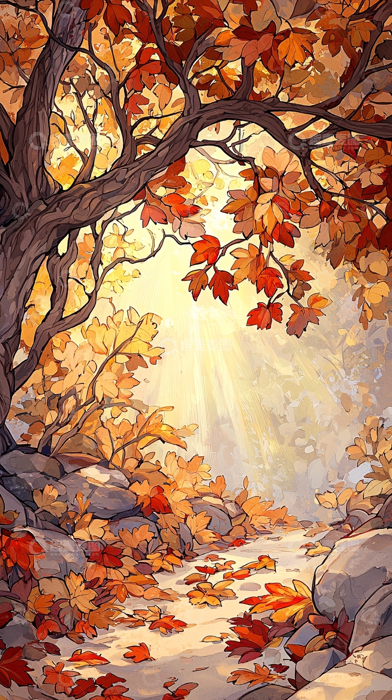 高清大图下载【趣麦麦图】秋日阳光下的落叶小径