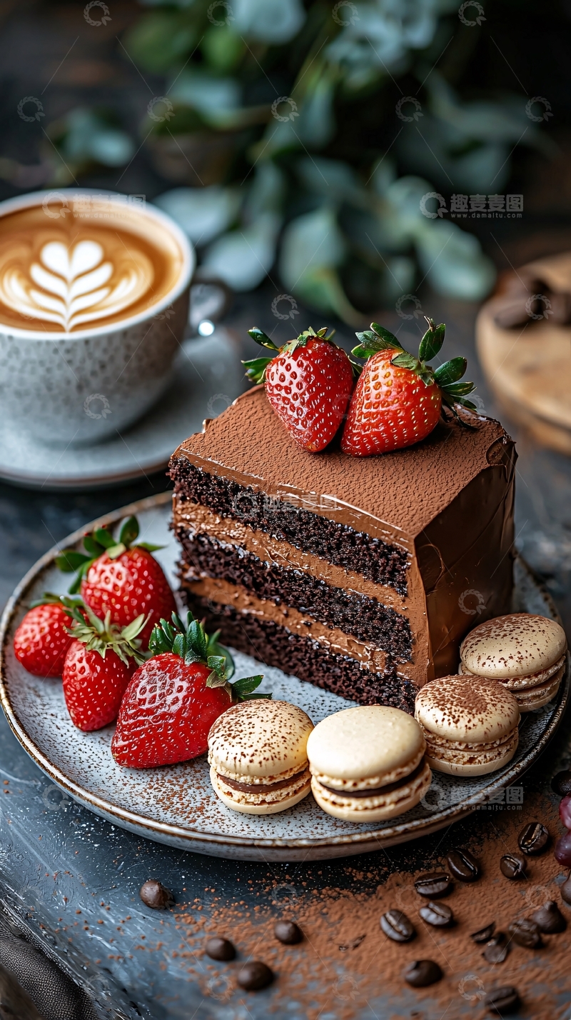 高清大图下载【趣麦麦图】巧克力蛋糕搭配草莓与马卡龙