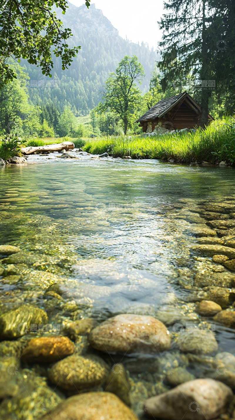 高清大图下载【趣麦麦图】清澈溪流中的小木屋