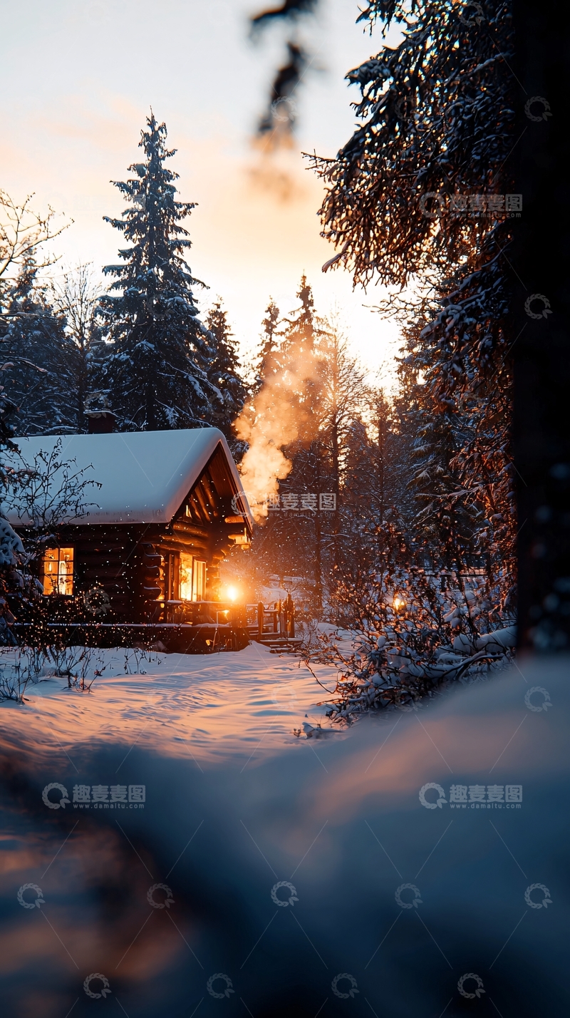 高清大图下载【趣麦麦图】冬日雪景中的温暖小屋