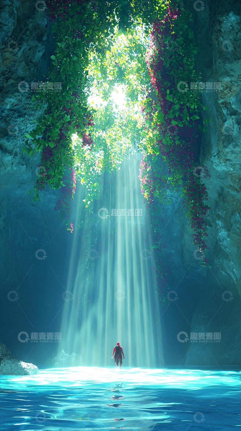 高清大图下载【趣麦麦图】阳光穿透森林瀑布下的神秘洞穴