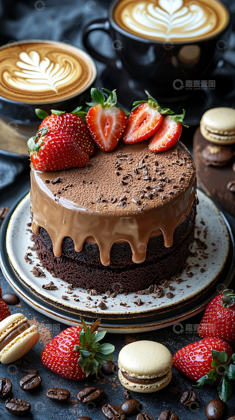 高清大图下载【趣麦麦图】巧克力蛋糕搭配草莓与咖啡