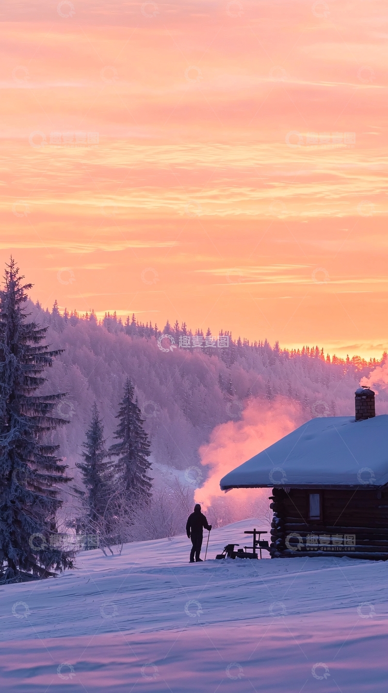 高清大图下载【趣麦麦图】冬日雪景中的小屋与远行者