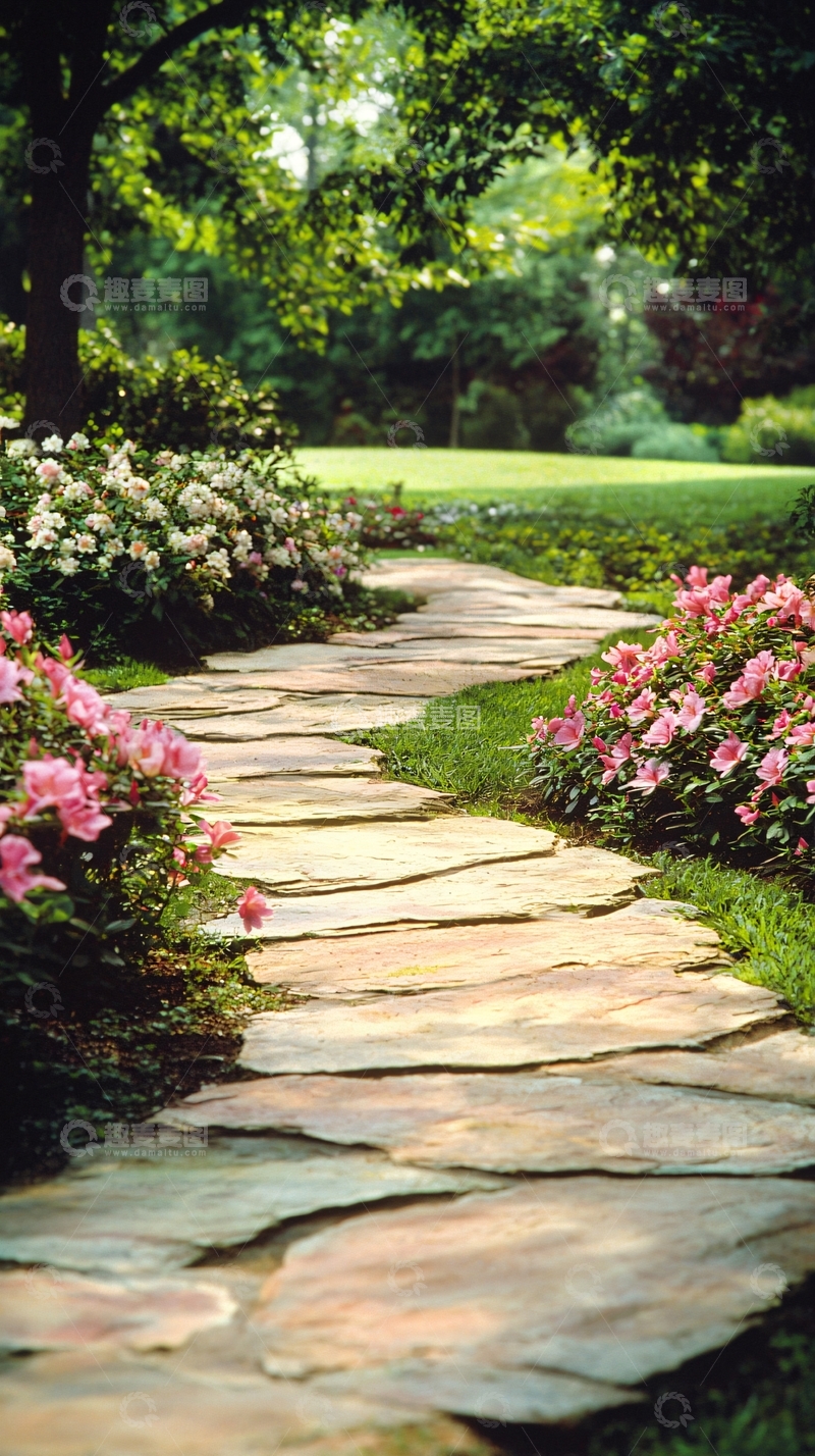 高清大图下载【趣麦麦图】石板小径与花丛的花园美景