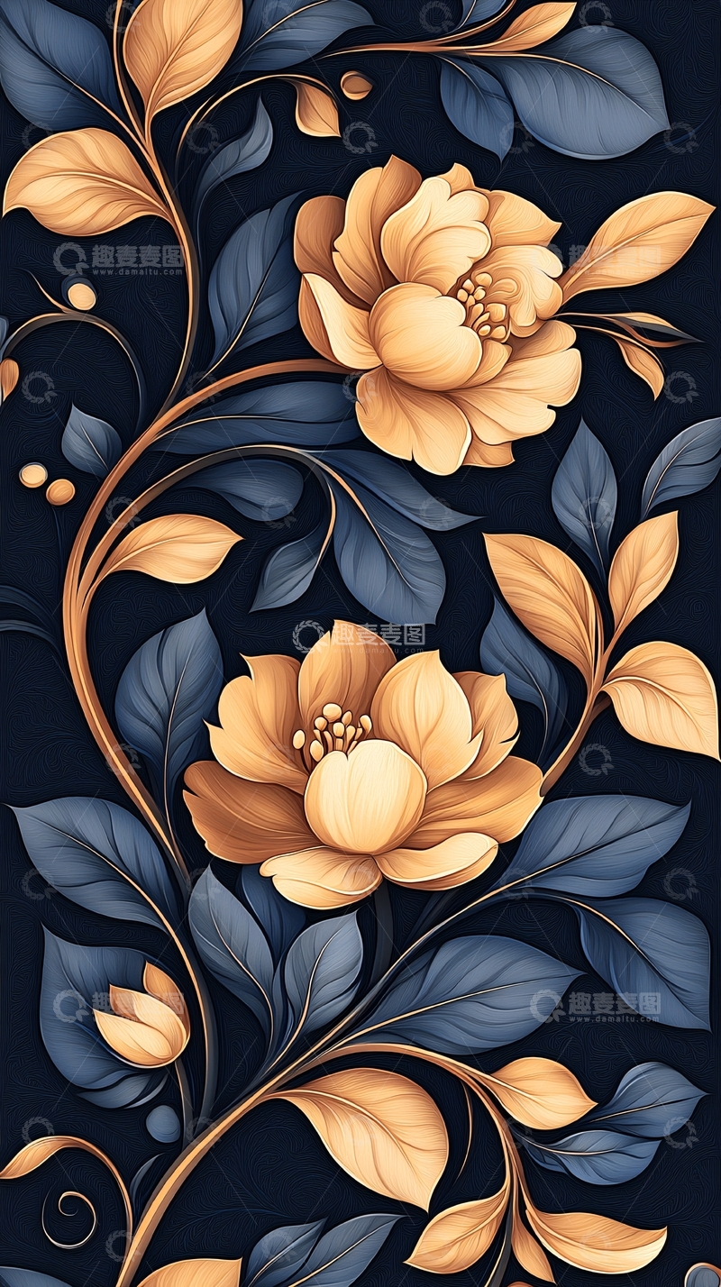 高清大图下载【趣麦麦图】金色花朵与深蓝背景的艺术插画