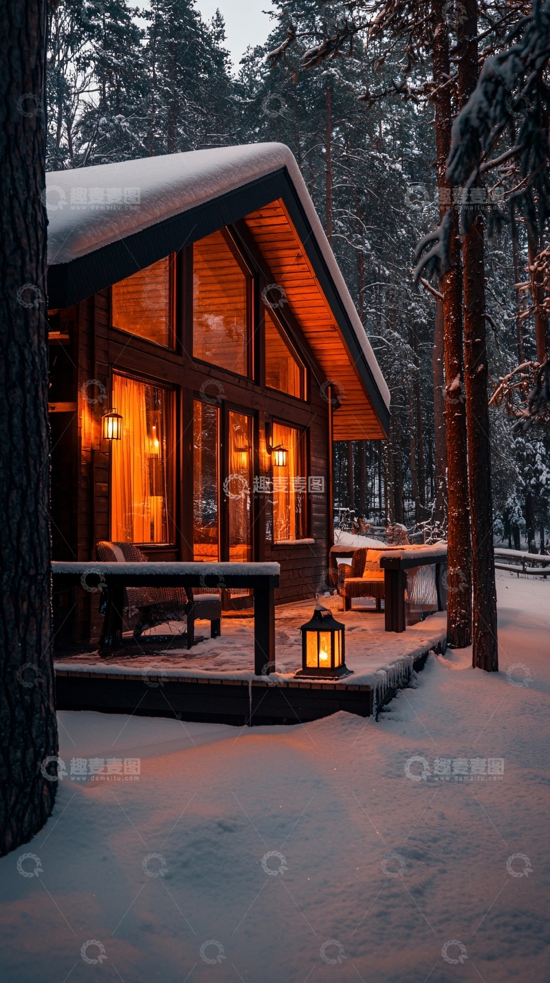 高清大图下载【趣麦麦图】冬日雪景中的温暖小屋