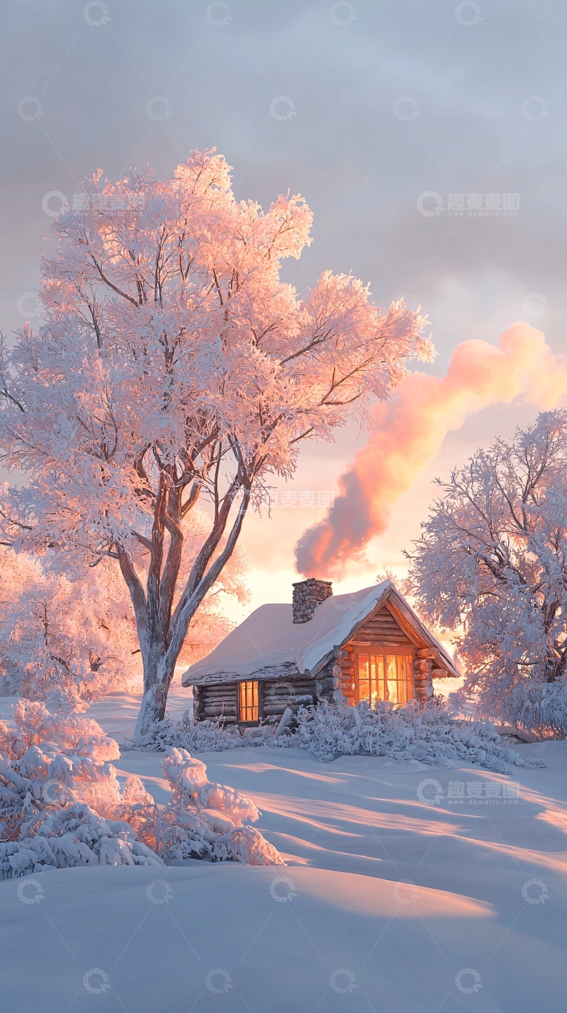 高清大图下载【趣麦麦图】冬日雪景中的小木屋